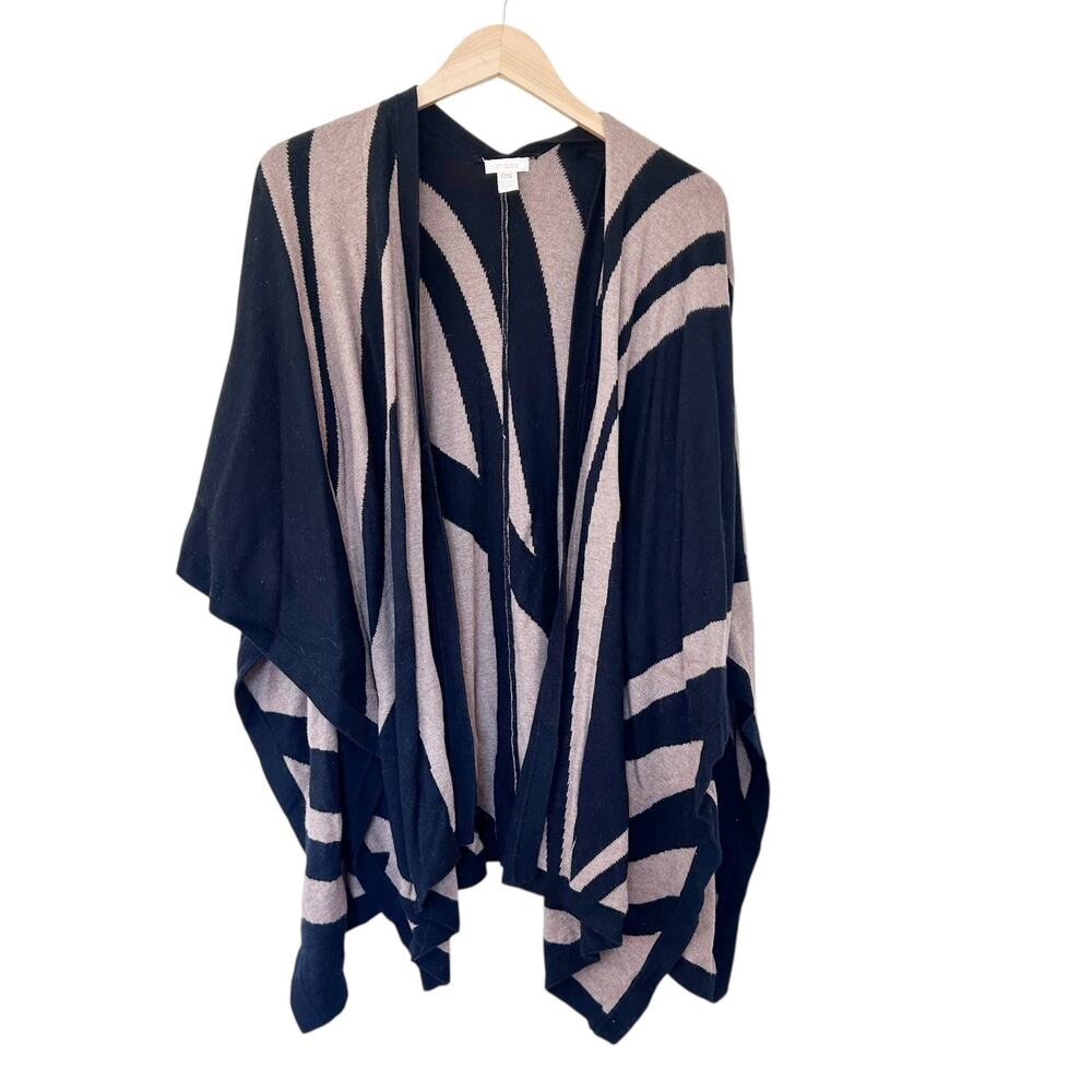 Chicos Black Tan Wool Blend Poncho Sweater OS